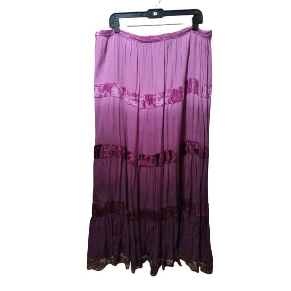 Venezia Tiered Maxi Skirt 18 Purple Ombré Velvet Inserts Lace Trim Broomstick - Picture 2 of 4